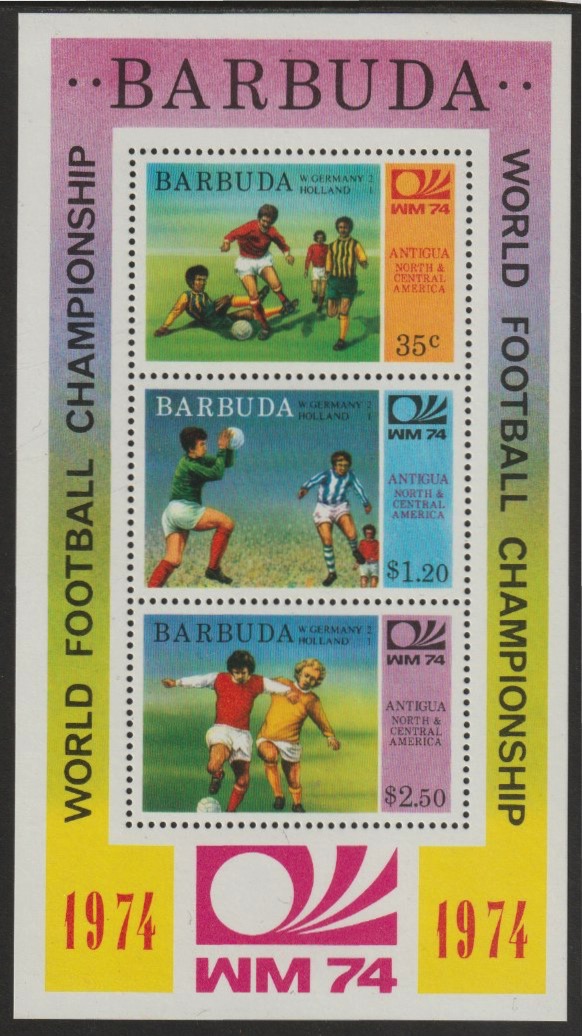Barbuda 1974 World Cup Football Winners perf m/sheet (unissued with names of teams) unmounted mint, stamps on football  sport