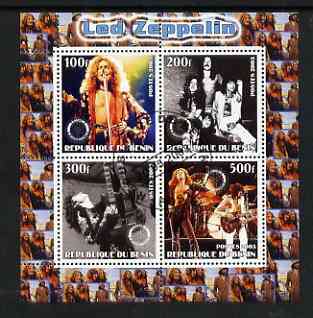 Benin 2003 Led Zeppelin perf sheetlet containing set of 4 values each with Rotary International Logo cto used, stamps on personalities, stamps on entertainments, stamps on music, stamps on pops, stamps on rotary, stamps on rock