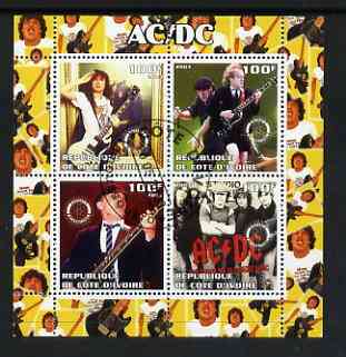 Ivory Coast 2003 AC/DC #1 perf sheetlet containing set of 4 values each with Rotary International Logo cto used, stamps on , stamps on  stamps on personalities, stamps on  stamps on entertainments, stamps on  stamps on music, stamps on  stamps on pops, stamps on  stamps on rotary, stamps on  stamps on rock