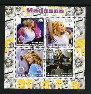 Benin 2003 Madonna #2 perf sheetlet containing set of 4 values each with Rotary International Logo cto used, stamps on , stamps on  stamps on personalities, stamps on  stamps on entertainments, stamps on  stamps on music, stamps on  stamps on pops, stamps on  stamps on rotary, stamps on  stamps on women