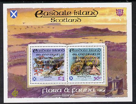 Easdale 1993 40th Anniversary of Coronation overprinted in black on Flora & Fauna perf sheetlet containing 36p (shell) & \A31 (Birds) unmounted mint, stamps on birds, stamps on marine life, stamps on shells, stamps on goldfinch, stamps on tern, stamps on turnstone, stamps on royalty, stamps on coronation