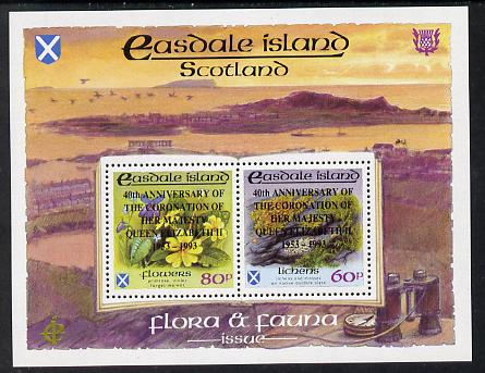 Easdale 1993 40th Anniversary of Coronation overprinted in black on Flora & Fauna perf sheetlet containing 60p (Lichens) & 80p (Spring Flowers) unmounted mint, stamps on flowers   royalty        coronation, stamps on violas