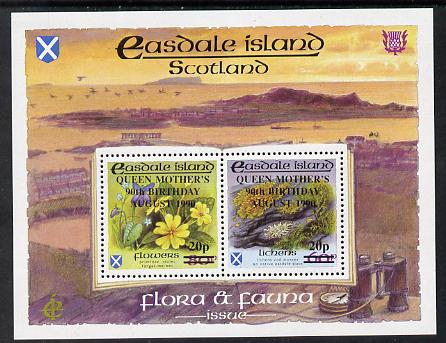 Easdale 1990 90th Birthday of Queen Mother overprinted on Flora & Fauna perf sheetlet containing 20p on 60p (Lichens) & 20p on 80p (Spring Flowers) unmounted mint, stamps on flowers, stamps on royalty, stamps on queen mother, stamps on violas