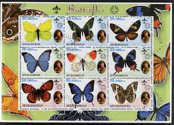 Afghanistan 2001 Butterflies perf sheetlet containing 9 values (also showing Baden Powell and Scout & Guide Logos) fine cto used, stamps on butterflies, stamps on scouts, stamps on guides