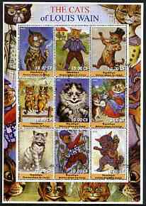 Congo 2002 The Cats of Louis Wain perf sheetlet containing 9 values fine cto used, stamps on , stamps on  stamps on cats, stamps on  stamps on arts, stamps on  stamps on fishing, stamps on  stamps on music, stamps on  stamps on banjo, stamps on  stamps on smoking