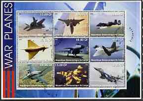 Congo 2002 War Planes perf sheetlet containing set of 9 values fine cto used, stamps on aviation