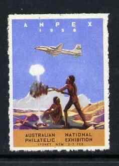 Australia 1959 Anpex 59 (Australian National Philatelic Exhibition) label showing airplane flying over Aborigines (mounted), stamps on stamp exhibitions, stamps on aviation
