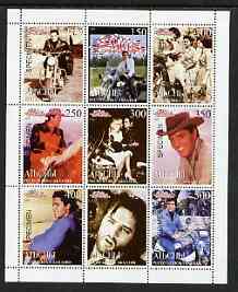 Abkhazia 1999 Elvis Presley perf sheetlet containing complete set of 9 overprinted SPECIMEN, unmounted mint, stamps on elvis, stamps on pop, stamps on films, stamps on motorbikes