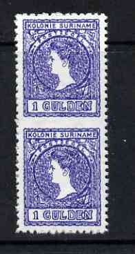 Surinam 1907 Wilhelmina 1g vert pair imperf between being a 'Hialeah' forgery on gummed paper (as SG 102var), stamps on royalty, stamps on forgery, stamps on forgeries