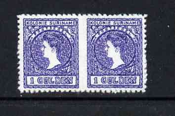 Surinam 1907 Wilhelmina 1g horiz pair imperf between being a Hialeah forgery on gummed paper (as SG 102var), stamps on royalty, stamps on forgery, stamps on forgeries