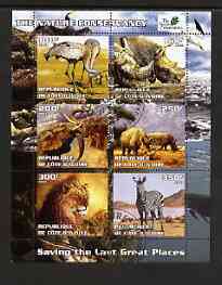 Ivory Coast 2003 The Nature Conservancy perf sheetlet containing set of 6 values (Animals) fine cto used, stamps on wildlife, stamps on environment, stamps on elephants, stamps on rhinos, stamps on cats, stamps on lions, stamps on zebras, stamps on zebra