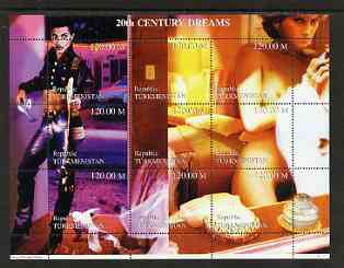 Turkmenistan 1999 20th Century Dreams #03 composite perf sheetlet containing 9 values unmounted mint (Prince (pop singer) & Princess Diana in erotic pose), stamps on millennium, stamps on personalities, stamps on entertainments, stamps on music, stamps on pops, stamps on royalty, stamps on diana, stamps on nudes, stamps on alcohol, stamps on erotica
