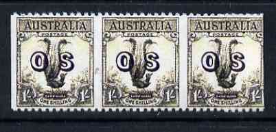 Australia 1932 Lyre Bird 1s optd OS horiz strip of 3 with vert perfs omitted being a Hialeah forgery on gummed paper (as SG O136var), stamps on birds, stamps on , stamps on  kg5 , stamps on , stamps on forgery, stamps on forgeries