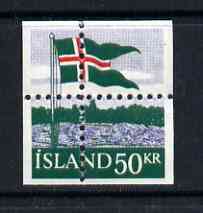 Iceland 1958 40th Anniversary of Flag 50k with misplaced perfs such that stamp is quartered, being a Hialeah forgery on gummed paper (as SG 359), stamps on flags, stamps on forgery, stamps on forgeries
