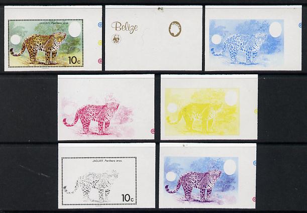 Belize 1983 WWF - Jaguar 10c (Adult Jaguar) x 7 imperf progressive proofs comprising the 5 individual colours plus 2 different combination composites, unmounted mint (7 proofs as SG 757), stamps on animals, stamps on cats, stamps on  wwf , stamps on 