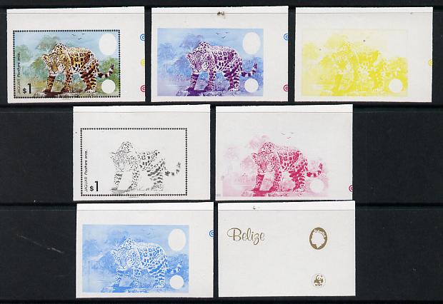 Belize 1983 WWF - Jaguar $1 (Jaguar on rock) x 7 imperf progressive proofs comprising the 5 individual colours plus 2 different combination composites, unmounted mint (7 ..., stamps on animals, stamps on cats, stamps on  wwf , stamps on 