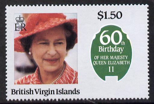 British Virgin Islands $1.50 on wmkd paper with blue omitted (frame & ribbons) unmounted mint SG 602var (UH £30 retail), stamps on royalty, stamps on 60th birthday