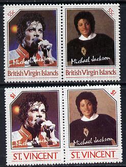 British Virgin Islands 1985 Michael Jackson 55c Unissued perf unmounted mint se-tenant pair - this issue was rejected by the Queen as only living Royalty may be depicted on BVI stamps.  The design was ultimately used for St Vincent which is included.  Very few BVI exist, stamps on music, stamps on personalities, stamps on pops, stamps on rock