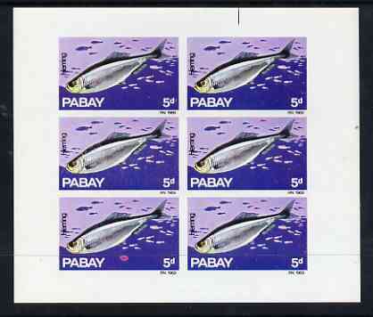 Pabay 1969 Fish 5d (Herring) complete imperf sheetlet of 6 with large background flaw on stamp 3/1 unmounted mint, stamps on , stamps on  stamps on fish, stamps on  stamps on marine life   