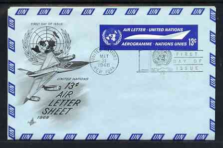Aerogramme - United Nations (NY) 1968 Illustrated 13c Air Letter Sheet with NY First Day Cancel (illustrated with Jet aircraft), stamps on aviation