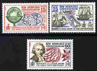 New Hebrides - English 1968 Bicentenary of Bougainville's Visit perf set of 3 unmounted mint, SG 130-2, stamps on globe, stamps on explorers, stamps on ships, stamps on flowers