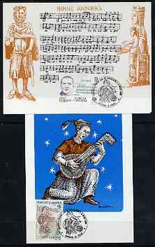 Andorra - Spanish 1985 Europa - Music Year perf set of 2 each on Official Europa Postcard with special first day cancels, stamps on music, stamps on europa, stamps on composers