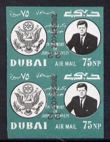 Dubai 1964 Kennedy Death Anniversary (22 Nov) 75np unmounted mint imperf pair with inverted overprint (as SG 133)*, stamps on kennedy  personalities    death
