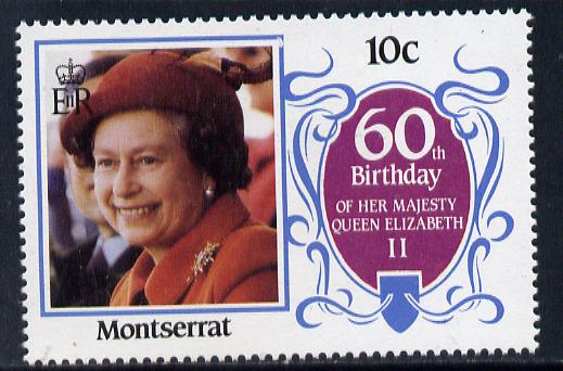 Montserrat 1986 Queen's 60th Birthday 10c unmounted mint with blue-grey background omitted (unlisted by SG & UH), stamps on , stamps on  stamps on royalty, stamps on  stamps on 60th birthday