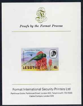 Lesotho 1981 Malachite Sunbird 40s imperf proof mounted on Format International proof card (as SG 445), stamps on , stamps on  stamps on lesotho, stamps on  stamps on birds, stamps on  stamps on sunbird