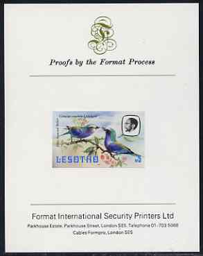 Lesotho 1981 Lilac Breasted Roller M5 imperf proof mounted on Format International proof card (as SG 450), stamps on lesotho, stamps on birds, stamps on roller