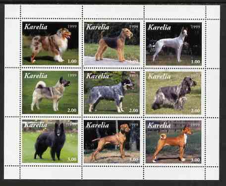 Karelia Republic 1999 Dogs perf sheetlet containing complete set of 9 values, unmounted mint, stamps on dogs, stamps on 