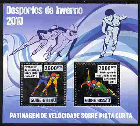 Guinea - Bissau 2010 Winter Olympic Sports - Speed Skating (Short Runway) perf sheetlet containing 2 values in silver unmounted mint, stamps on olympics, stamps on sport, stamps on skating, stamps on ice skating