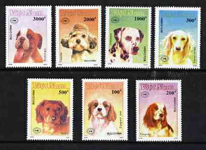 Vietnam 1990 set of 7 dogs inscribed with 'New Zealand 90' International Stamp Exhibition logo, unmounted mint SG1453-59, stamps on , stamps on  stamps on dogs, stamps on  stamps on dalmatian, stamps on  stamps on boxer, stamps on  stamps on spaniel, stamps on  stamps on stamp exhibitions
