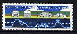 Brazil 1990 22nd World Congress of International Road Transport Union se-tentant pair unmounted mint SG 2428-29, stamps on trnasport, stamps on cars, stamps on trucks, stamps on buses