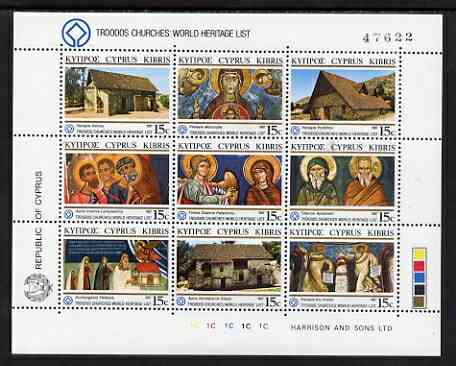 Cyprus 1987 Troodos Churches on the World Heritage List se-tenant sheetlet of 9 unmounted mint SG 695a, stamps on religion, stamps on churches, stamps on heritage