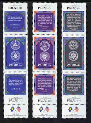 Palau 1987 Bicent of USA Constitution set of 9 in 3 x vertical se-tenant strip of 3, unmounted mint SG 199-207, stamps on americana