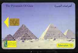 Telephone Card - Egypt £E10 phone card showing The Pyramids at Giza 1st Wonder of the Ancient World, stamps on heritage, stamps on buildings, stamps on egyptology