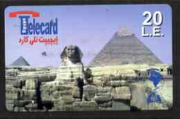 Telephone Card - Egypt £E20 phone card showing the Sphinx & Pyramids (horizontal), stamps on statues, stamps on egyptology, stamps on 