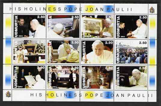 Udmurtia Republic 2003 Pope John Paul II perf sheetlet #02 containing complete set of 12 values (inscribed Pope Joan Paul II) unmounted mint, stamps on religion, stamps on pope, stamps on personalities