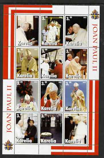 Karelia Republic 2003 Pope John Paul II perf sheetlet #02 containing complete set of 12 values (inscribed Pope Joan Paul II) unmounted mint, stamps on religion, stamps on pope, stamps on personalities