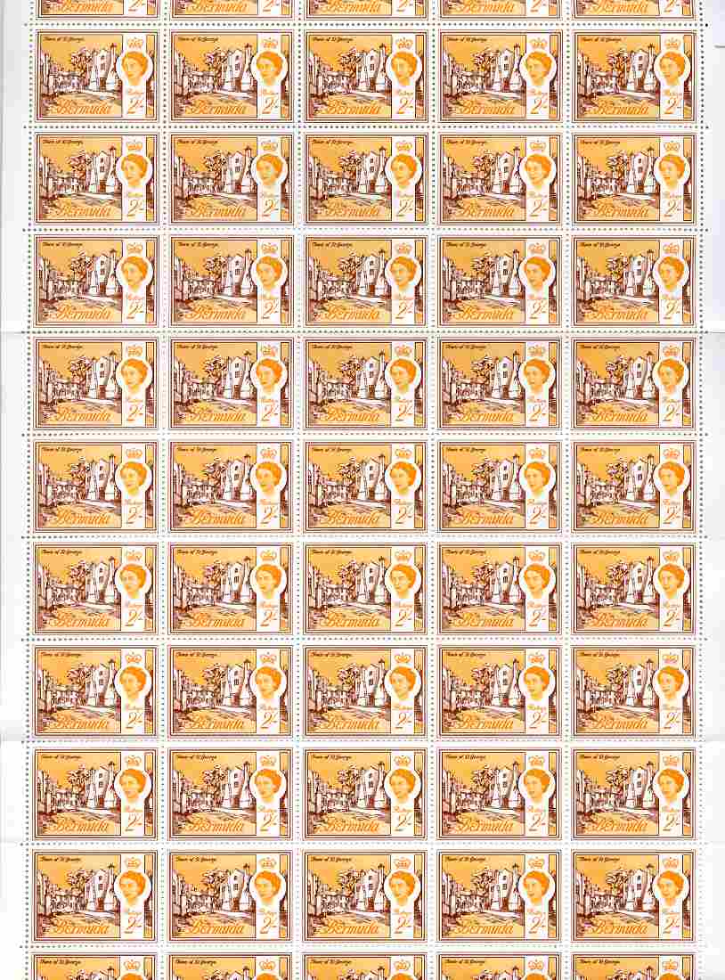 Bermuda 1966-69 Town of St George 2s wmk sideways complete sheet of 60 unmounted mint very light signs of foxing SG 200, stamps on houses