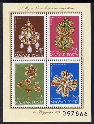 Hungary 1973 Jewelled Treasures unmounted mint miniature sheet SG MS 2834, stamps on jewellry