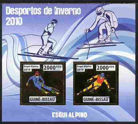 Guinea - Bissau 2010 Winter Olympic Sports - Alpine Skiing perf sheetlet containing 2 values in gold unmounted mint, stamps on olympics, stamps on sport, stamps on skiing