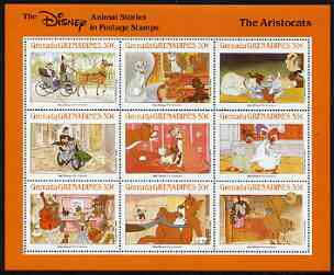 Grenada - Grenadines 1988 Disney Animal Cartoon Films - The Aristocats perf sheetlet containing 9 values unmounted mint, as SG 1003-11, stamps on disney, stamps on cartoons, stamps on films, stamps on cinema, stamps on motorbikes
