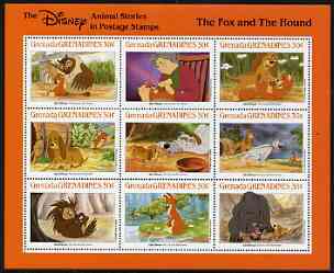 Grenada - Grenadines 1988 Disney Animal Cartoon Films - The Fox & The Hound perf sheetlet containing 9 values unmounted mint, as SG 1012-20, stamps on disney, stamps on cartoons, stamps on films, stamps on cinema, stamps on owls, stamps on  fox , stamps on foxes, stamps on  