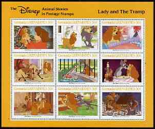 Grenada - Grenadines 1988 Disney Animal Cartoon Films - The Lady & The Tramp perf sheetlet containing 9 values unmounted mint, as SG 994-1002, stamps on disney, stamps on cartoons, stamps on films, stamps on cinema, stamps on cats, stamps on siamese