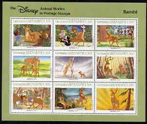 Grenada - Grenadines 1988 Disney Animal Cartoon Films - Bambi perf sheetlet containing 9 values unmounted mint, as SG 976-84, stamps on disney, stamps on cartoons, stamps on films, stamps on cinema, stamps on deer