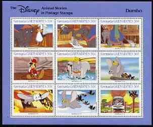 Grenada - Grenadines 1988 Disney Animal Cartoon Films - Dumbo perf sheetlet containing 9 values unmounted mint, as SG 985-93, stamps on disney, stamps on cartoons, stamps on films, stamps on cinema, stamps on elephants