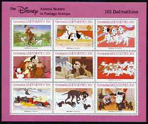 Grenada - Grenadines 1988 Disney Animal Cartoon Films - 101 Dalmations perf sheetlet containing 9 values unmounted mint, as SG 1021-29, stamps on disney, stamps on cartoons, stamps on films, stamps on cinema, stamps on dogs