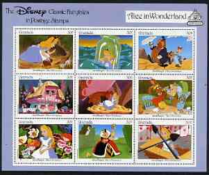 Grenada 1987 50th Anniversary of First Disney Full-length Cartoon Films - Alice in Wonderland perf sheetlet containing 9 values unmounted mint, as SG 1653-61, stamps on disney, stamps on cartoons, stamps on films, stamps on cinema, stamps on maths